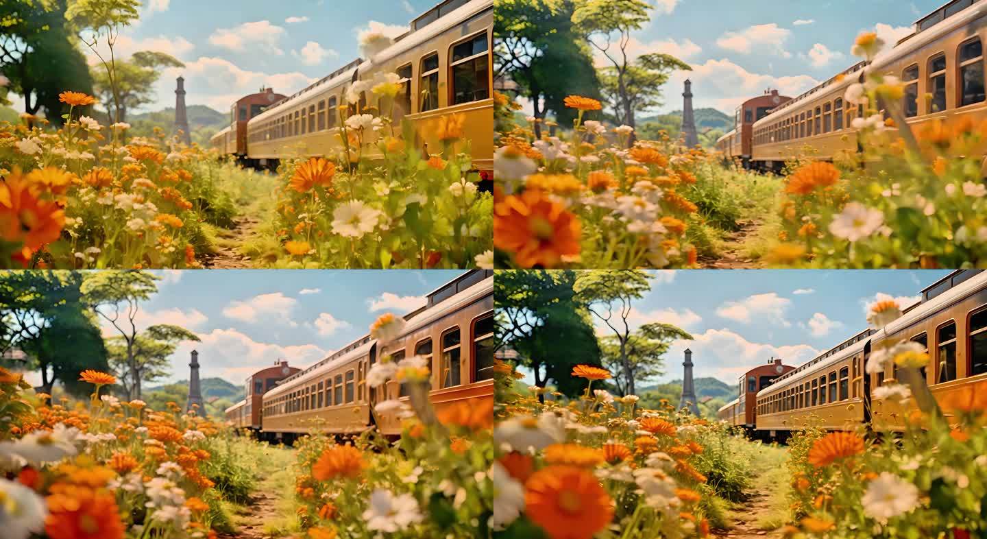 花朵列车绽放美丽风景铁轨相映成趣2