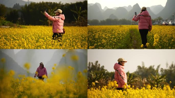 风景人物女性户外旅行旅游春天油菜花