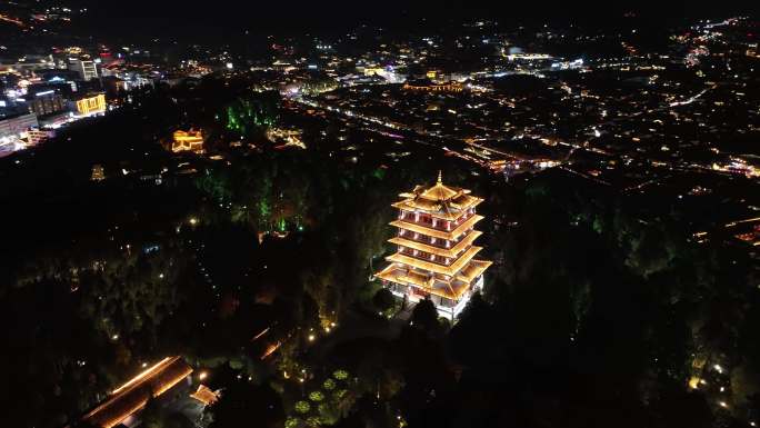 航拍丽江古城夜景