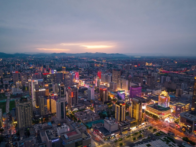 石家庄城市航拍市区亮灯夜景延时