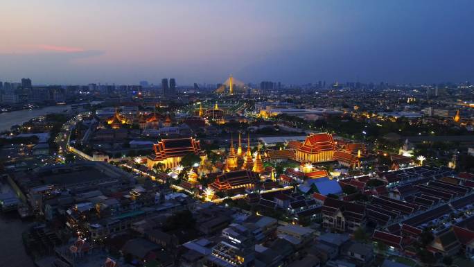 玉佛寺航拍夜景泰国曼谷无人机