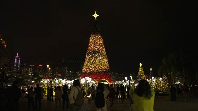 4K香港西九龙大型圣诞树夜景人群游玩实拍