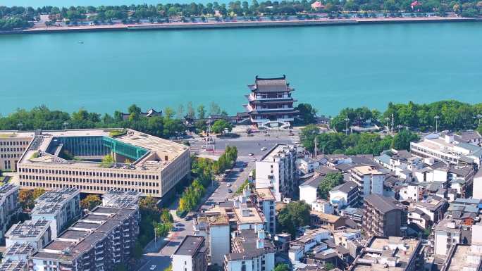 湖南长沙湘江杜甫江阁茶馆航拍城市地标风景