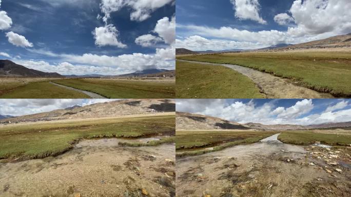 西藏 草甸  小河  羊群  牧区 群山