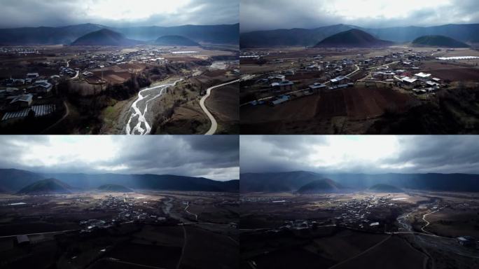 阴雨天气下的藏族村香格里拉乡村