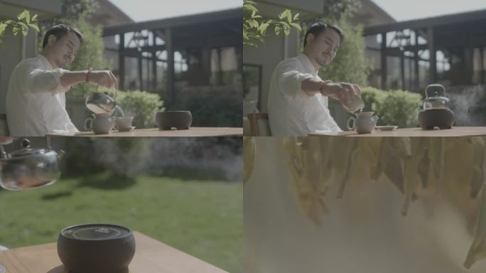 男子中式庭院中喝茶 茶道茶叶宣传片