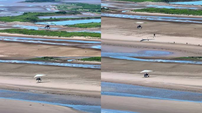 航拍4K滑翔机在海岛降落沙滩