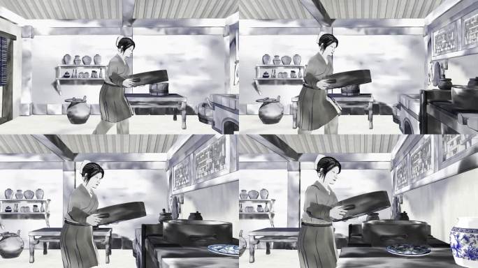 古代女子厨房生活方式水墨动画C4D