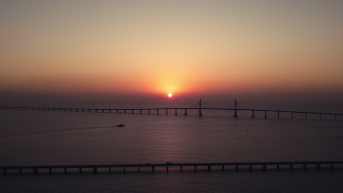 广东珠海宣传珠港澳大桥日出地标航拍单镜头