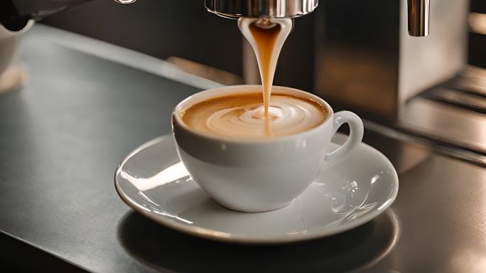 咖啡机在杯中倒入浓缩咖啡牛奶