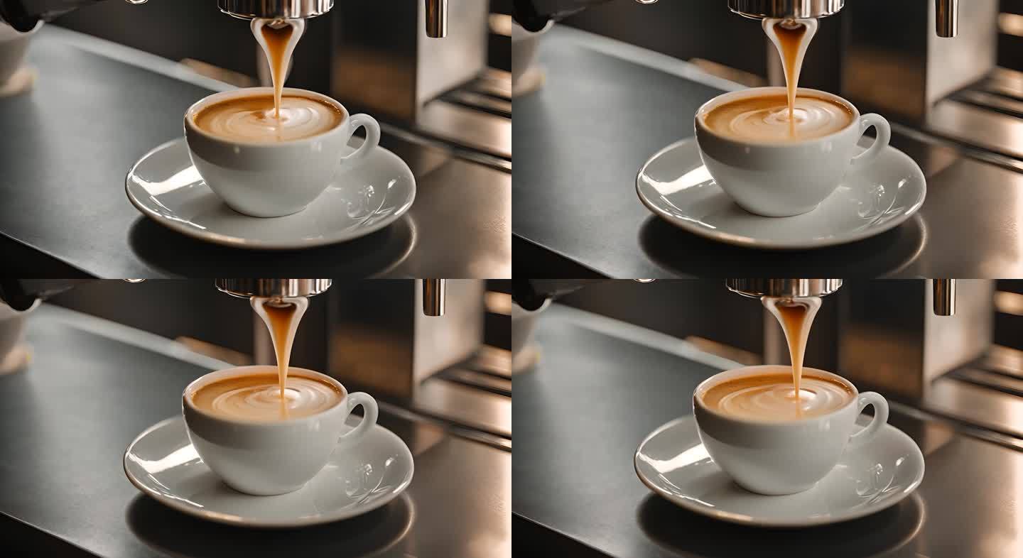 咖啡机在杯中倒入浓缩咖啡牛奶