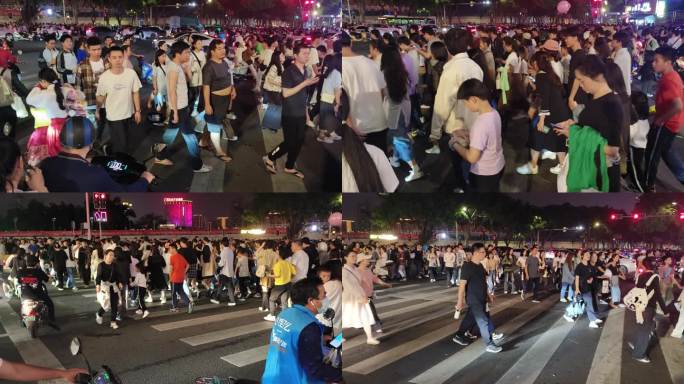 斑马线红绿灯人行道人群都市人脚步夜市拥挤