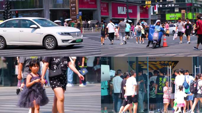 城市夏天暑假酷暑高温炎热街道行人过马路人