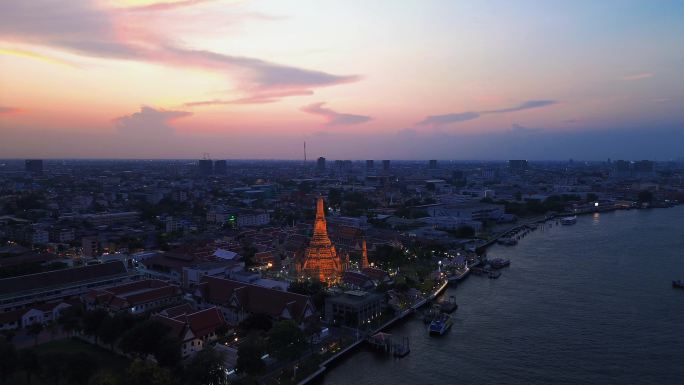 郑王庙夜景航拍泰国曼谷东南亚环拍