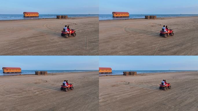 一家人海边沙滩体验沙滩摩托