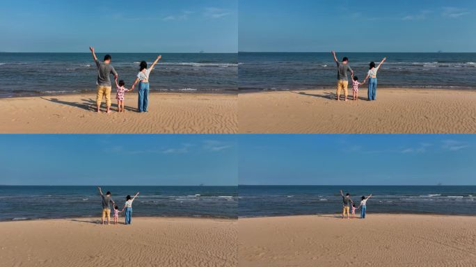 游客一家人在海边游玩玩耍亲子度假