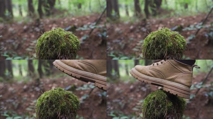 树桩户外森林徒步 脚步特写 登山靴子