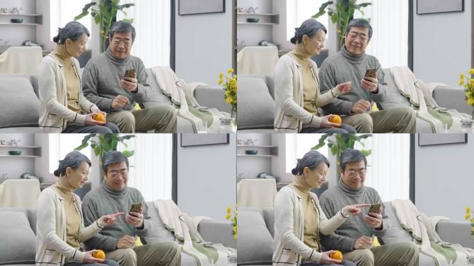 老年人两口坐在客厅看手机