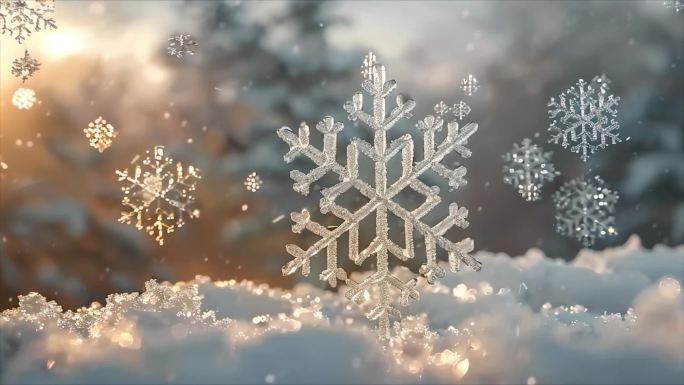 冬天雪花雪景下雪天冰晶雪花特写空镜头唯美