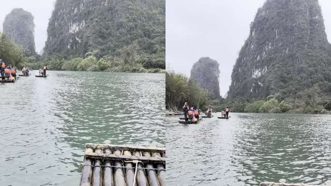桂林山水碧绿湖水竹筏漂流情调素材