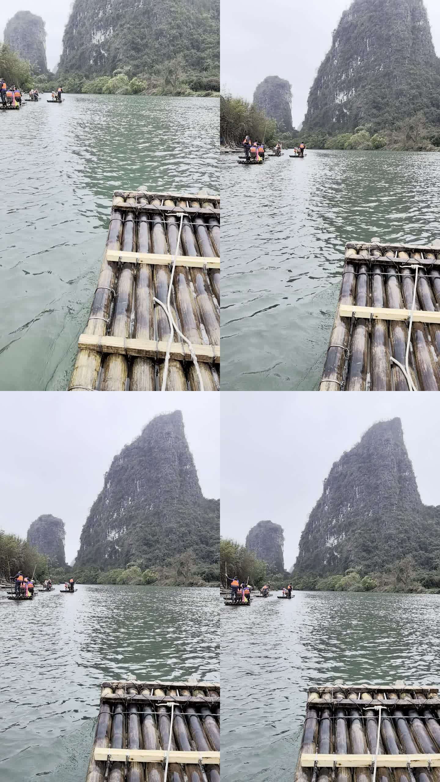 桂林山水碧绿湖水竹筏漂流情调素材
