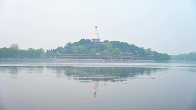 北京北海公园春天湖面晨雾倒影风光