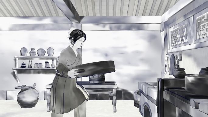 古代女子厨房生活方式水墨视频素材