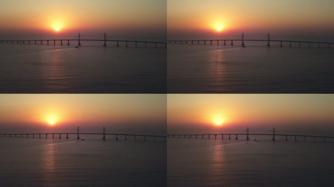 广东珠海宣传珠港澳大桥日出地标航拍单镜头
