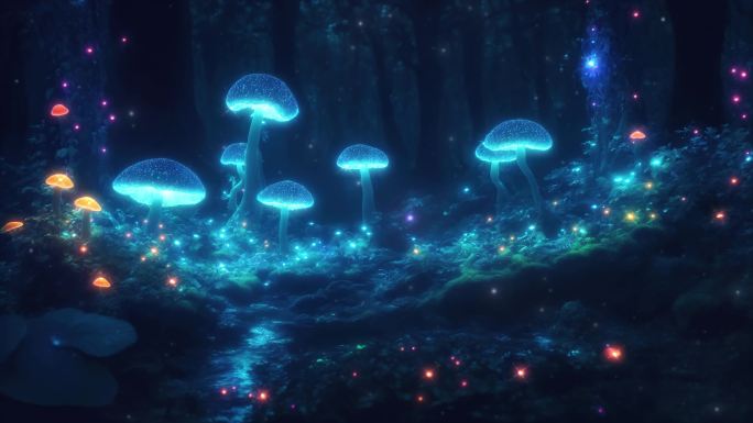 4K唯美梦幻森林赛博朋克发光蘑菇精灵背景