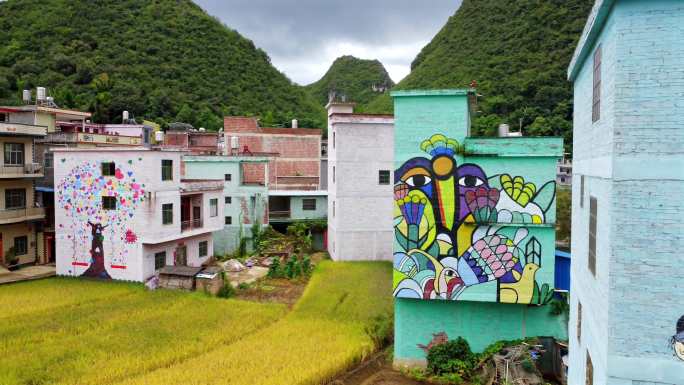 美丽村庄建筑、墙画涂鸦、诗意乡村环境航拍