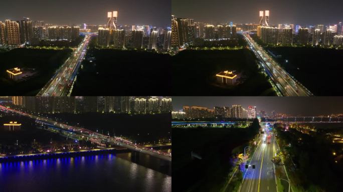 杭州滨江区闻涛路秋石高架路航拍夜晚夜景车