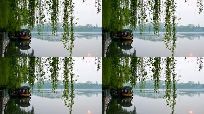 北京北海公园春天湖面晨雾倒影风光