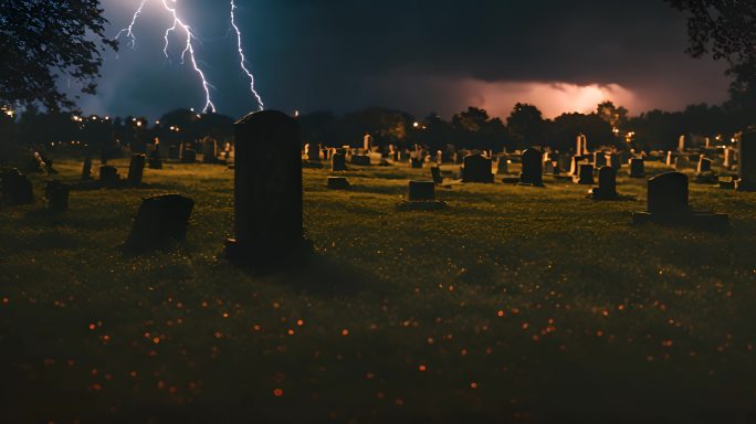 险恶的景色夜间墓地暴风雨的天空和闪电