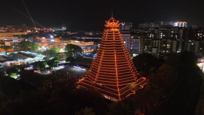 三江鼓楼航拍夜景环绕