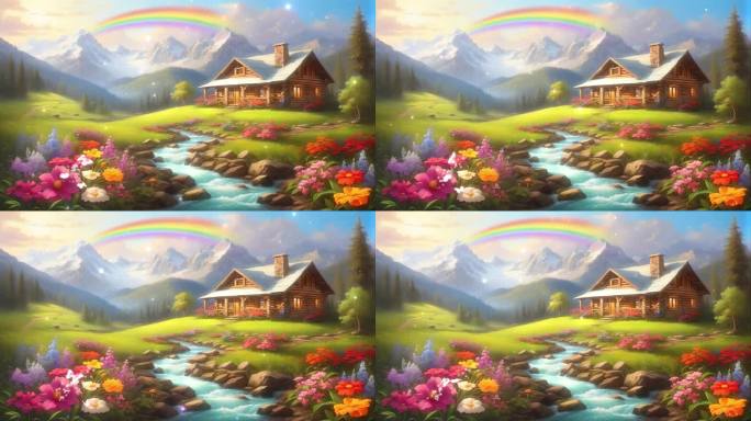 4K卡通油画手绘水彩木屋自然花丛花海背景