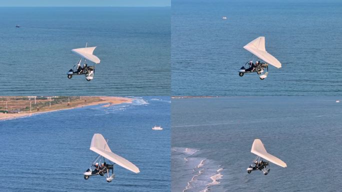 三角滑翔机载乘客飞翔在月岛岛屿小岛上空