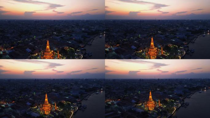郑王庙夜景航拍泰国曼谷