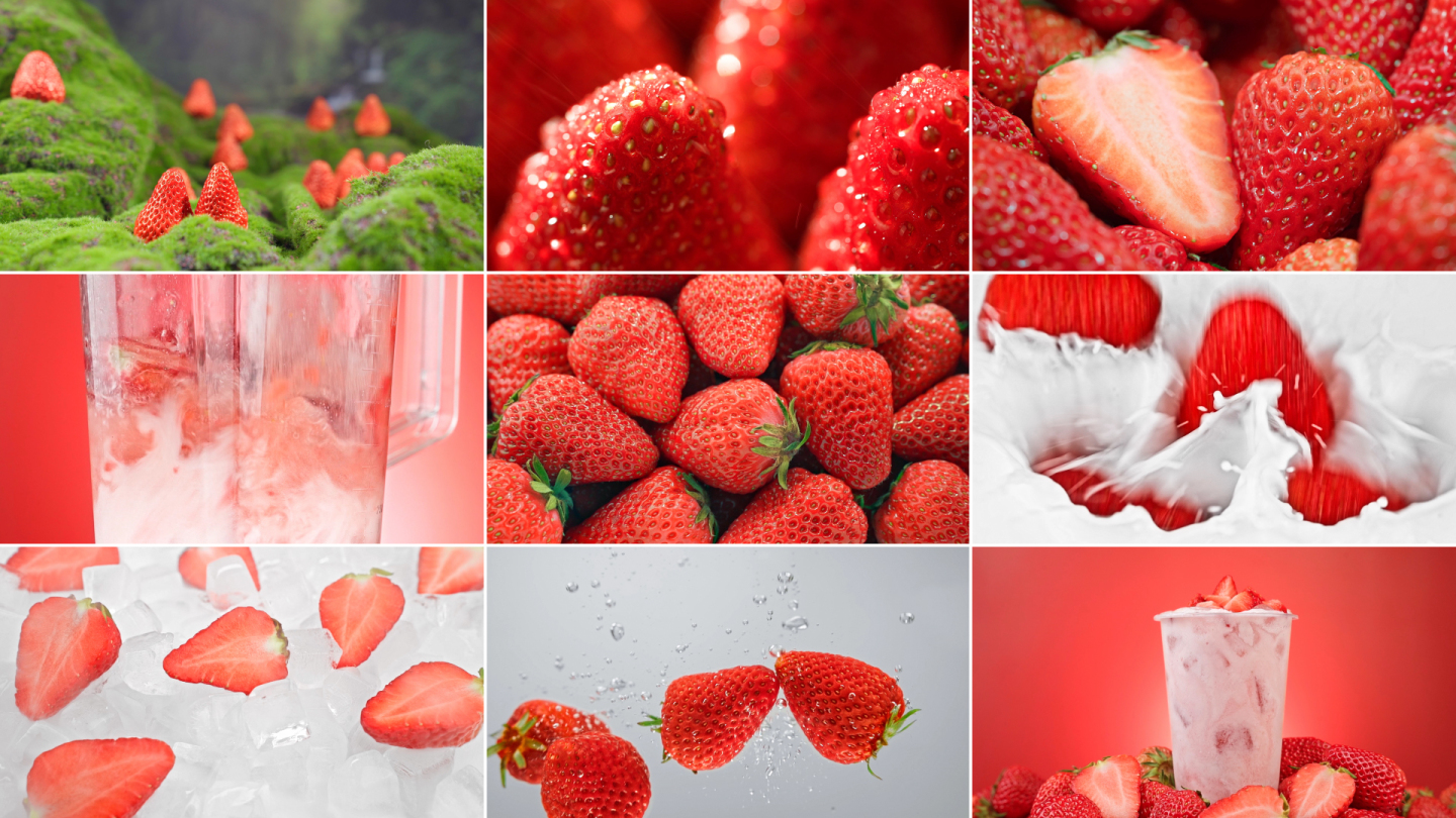 新鲜草莓牛奶水果饮料果汁果粒创意广告实拍