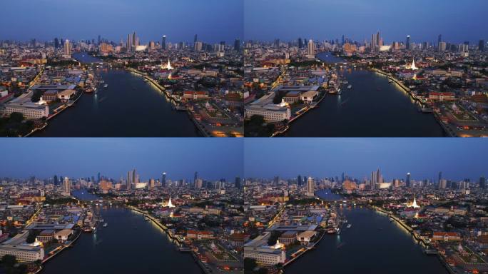 湄南河夜景航拍泰国曼谷