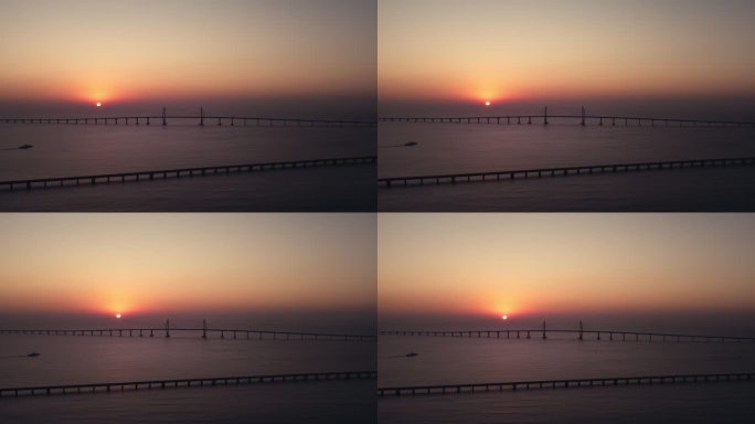 广东珠海宣传珠港澳大桥地标日出航拍单镜头
