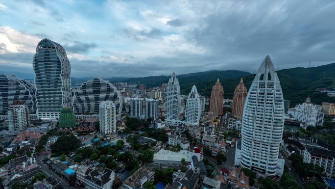 云南西双版纳傣族星光夜市建筑群高空延时