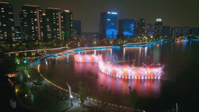 杭州金沙湖喷泉 金沙湖大剧院 夜景航拍