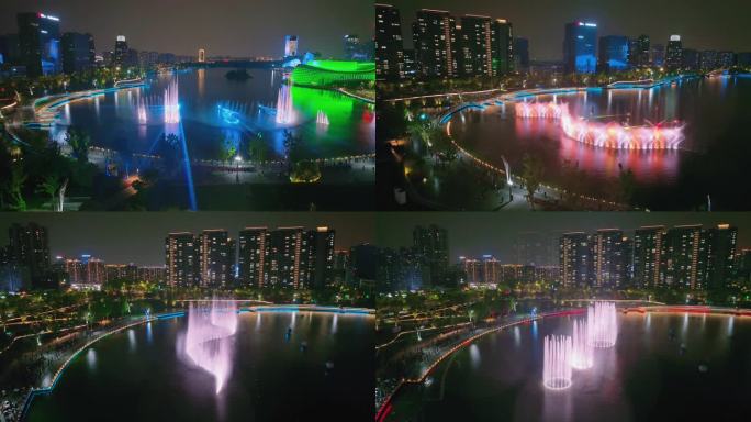 杭州金沙湖喷泉 金沙湖大剧院 夜景航拍