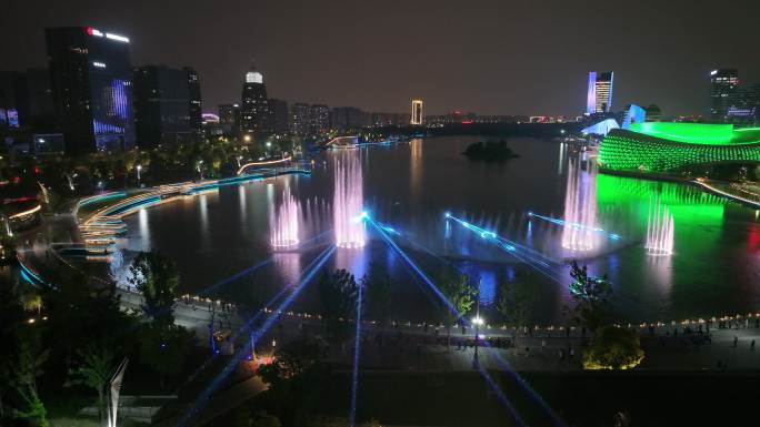 杭州金沙湖喷泉 金沙湖大剧院 夜景航拍