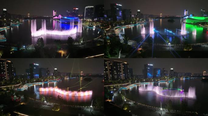 杭州金沙湖喷泉 金沙湖大剧院 夜景航拍