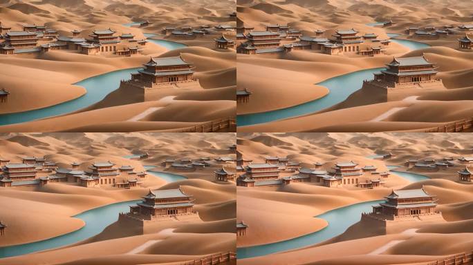 沙漠里的中式建筑庙宇河流