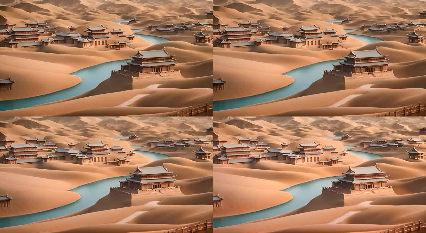 沙漠里的中式建筑庙宇河流