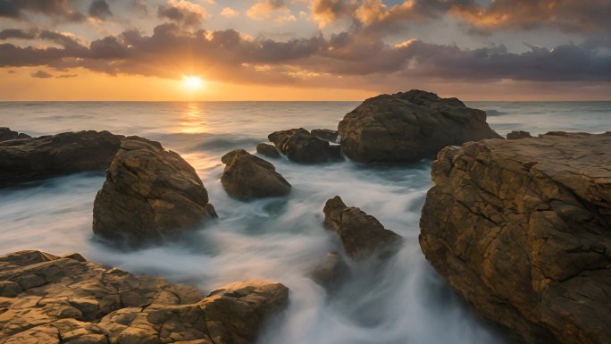 夕阳下金色海面上的岩石