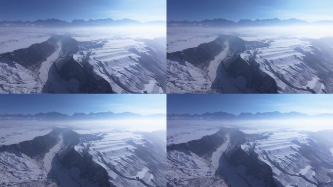 航拍新疆冬季安集海大峡谷红色山脉雪山河流