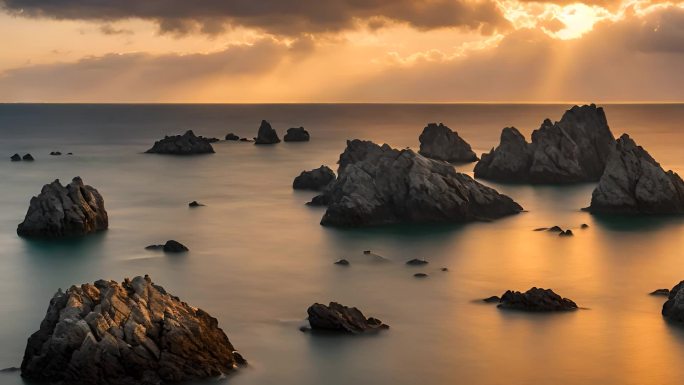 夕阳大的大海岩石